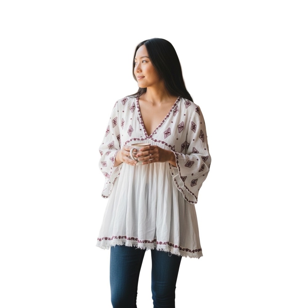 Free People White Burgundy Embroidered Boho Tunic Bell Sleeve Top Small
